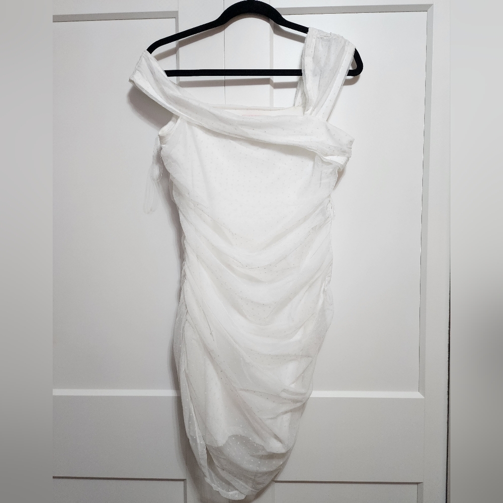 Pink Lily Elegant White Off-Shoulder Rouched Dress